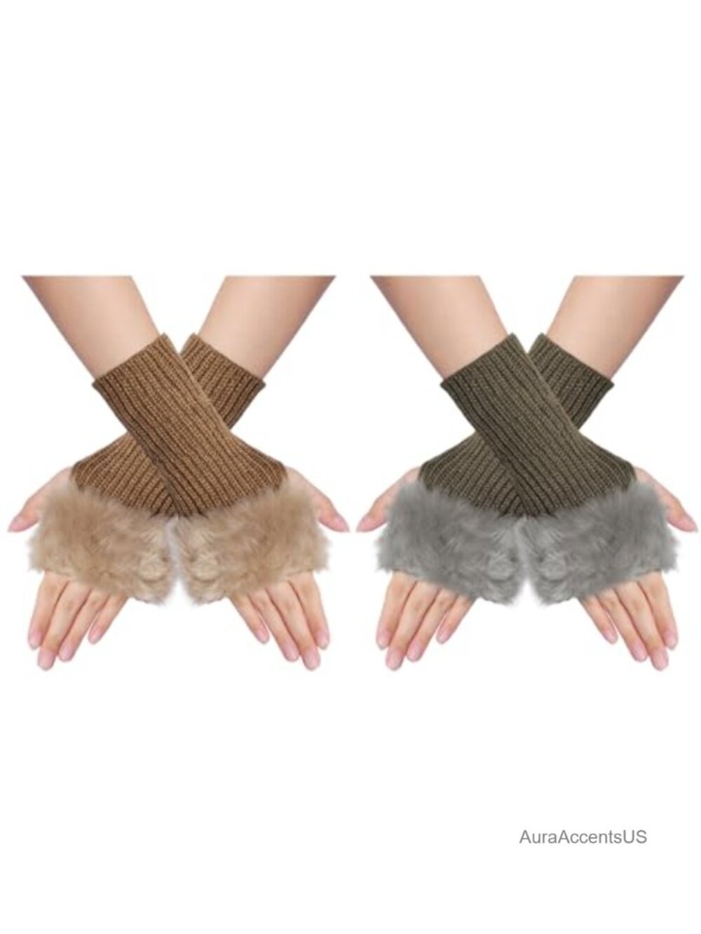 Faux Fur Fingerless Knit Gloves Thumbhole Arm Warmers Winter Wrist Cuffs